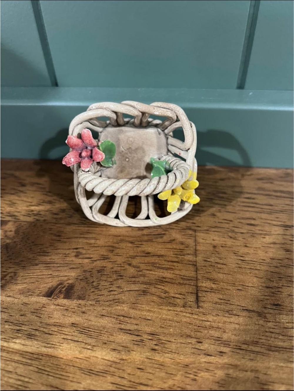 Vintage Tiny Ceramic Basket with Pink and Yellow Floral Accents